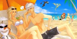 5boys 5girls anna_(frozen) astrid_hofferson beach bikini blonde_hair blue_eyes braid braided_hair braids crossover deadly_nadder disney dragon dreamworks elsa_(frozen) female flirting flirting_look frozen_(film) hiccup_horrendous_haddock_iii how_to_train_your_dragon jack_frost jack_frost_(rise_of_the_guardians) jelsa kristoff_(frozen) light-skinned_female light_skin long_hair male multiple_boys multiple_females multiple_girls multiple_males night_fury olaf_(frozen) red_hair rise_of_the_guardians silver_hair snowman speech_bubble stormfly sunglasses sunglasses_on_forehead sunglasses_on_head toothless