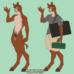 1:1 accessory anthro asinus bag bottomwear brandon_(wsad) brown_body brown_fur brown_hair clothed clothing donkey english_text equid equine flaccid fur fuzzies4you genitals green_eyes hair hooves male mammal model_sheet nipples nude penis shirt shorts skinny_male solo tan_body tan_fur text topwear