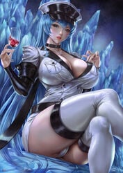 1girls akame_ga_kill! bare_thighs big_breasts blue_hair cleavage esdeath_(akame_ga_kill!) female_only lexaiduer long_hair mature_female pantyshot pantyshot_(sitting) thick_thighs upskirt white_panties