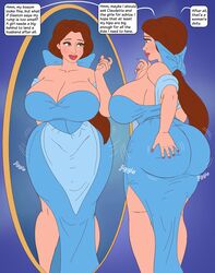 alternate_ass_size alternate_body_type alternate_breast_size ass beauty_and_the_beast_(1991_film) belle_(beauty_and_the_beast) bimbo bimbofication brown_eyes brown_hair dialogue disney disney_princess english english_text fat_ass gigantic_ass hand_on_ass huge_ass huge_hips large_breasts long_hair milf mirror mtf_transformation name_drop onomatopoeia red_lipstick saturnxart simple_background speech_bubble text transformation wide_hips