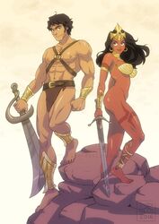 1boy 1boy1girl 1girls a_princess_of_mars abs anklet barsoom black_hair bottomless bracelet brown_eyes canon_couple dejah_thoris elenoidaeart female headdress john_carter john_carter_of_mars loincloth long_hair mars muscular_male royalty short_hair sword