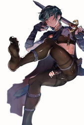 1boy :o baiwa bare_midriff blue_eyes byebyefrog censored feet femboy fire_emblem fire_emblem:_mystery_of_the_emblem fire_emblem:_shadow_dragon_and_the_blade_of_light footwear_fetish green_hair leggings looking_at_viewer marth_(fire_emblem) midriff muscular muscular_male nintendo pantyhose partially_closed_eyes partially_visible_penis penis short_hair solo solo_male sword weapon