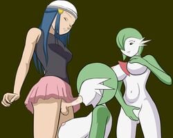 animated anthro big_breasts d-rock_(artist) dawn_(pokemon) full-package_futanari furry futa_on_female futanari gardevoir green_skin pokémon_(species) pokemon pokemon_(species) small_breasts