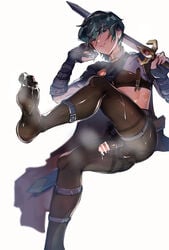 1boy baiwa bare_midriff blue_eyes byebyefrog censored cum cum_on_feet cum_on_leg cum_on_stockings feet femboy fire_emblem fire_emblem:_mystery_of_the_emblem fire_emblem:_shadow_dragon_and_the_blade_of_light footwear_fetish green_hair leggings looking_at_viewer male_focus male_only marth_(fire_emblem) midriff muscular muscular_male naughty_face nintendo pantyhose partially_closed_eyes partially_visible_penis penis raised_eyebrow seductive seductive_smile short_hair smile solo solo_male steam steaming_body steamy sword weapon