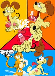 absurd_res bodily_fluids canid canine canis cum domestic_cat domestic_dog felid feline felis feral garfield_(series) garfield_the_cat genital_fluids hi_res licking lobofeo looking_pleasured male male/male mammal masturbation nickelodeon odie pain paws,_inc. self_lick sucking tongue tongue_out