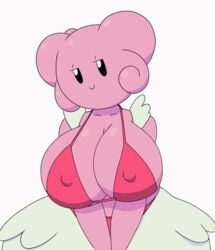 2020s 2021 animated big_breasts black_and_white_eyes blinking blissey bouncing_breasts breasts eyelashes furry gif jiggling_breasts looking_away pink_skin pokémon_(species) pokemon pokemon_focus pokethot's presenting_breasts red_bikini red_bikini_bottom red_bikini_top simple_background smile tansau tortoisesensei white_background white_dress