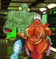 age_progression ben_10 cosplay fat_woman female green_eyes huge_breasts huge_hips male obese obese_female saturnxart shocked_expression smile tentacle thunderthighs vilgax what white_hair