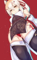 alternative_costume ayanami_(azur_lane) ayanami_(lunar_demon_god)_(azur_lane) azur_lane bangs bare_shoulders black_dress black_legwear blush breasts brown_hair cameltoe china_dress chinese_clothes closed_mouth covered_navel detached_sleeves dress eyebrows_visible_through_hair female female hair_between_eyes hair_ornament hair_ribbon headgear high_ponytail high_resolution light_brown_hair long_sleeves looking_at_viewer looking_down medium_breasts pantsu red_background red_panties red_ribbon ribbon side-tie_panties sidelocks simple_background solo standing suushiki thighhighs tied_hair underwear viewed_from_below wide_sleeves yellow_eyes