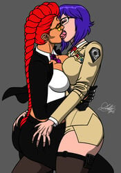 2girls asymmetrical_docking blue_hair breast_press crimson_viper crossover female_only french_kiss french_kissing ghost_in_the_shell ghost_in_the_shell_stand_alone_complex glasses goggles kaywest kissing kusanagi_motoko leg_grab military_uniform multiple_girls orange-tinted_eyewear red_hair street_fighter sunglasses tinted_eyewear tongue_kiss tongue_out visor yuri