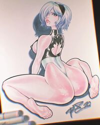 1girls ass bare_shoulders barefoot beauty_mark big_breasts bikini breasts bubble_butt busty butt copic copic_markers curvy dat_ass drawn female female_focus female_only hair_over_one_eye hourglass_figure kneeling leotard mole_under_mouth negarobo nier:_automata photo_(medium) pinup pinup_pose pose posing rear_view short_hair sideboob solo thick_thighs thong_leotard traditional_media_(artwork) white_hair wide_hips yorha_2b