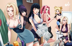 6girls barefoot big_breasts bike_shorts black_hair blonde_hair blue_eyes blush breasts brown_eyes carrying cellphone cleavage clothed_female_nude_female clothing dressing_room erect_nipples facial_mark female female_only fishnet_shirt fishnets forehead_mark forehead_protector green_eyes headband holding_object hyuuga_hinata ino_yamanaka lipstick makeup mitarashi_anko naruto naruto:_the_last naruto_shippuden partially_clothed pink_hair purple_eyes purple_hair sakura_haruno script shorts skirt sleeveless sleeveless_shirt strap_slip temari tsunade undressing violet_eyes