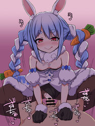 1boy 1girls blue_hair blush braid braided_hair bunny_ears bunny_girl censored female hololive hololive_fantasy hololive_japan light-skinned_female light-skinned_male light_skin looking_at_viewer male nipples nisshisshi nisshisshi_(244__) penis pov pussy red_eyes sex small_breasts straight twin_braids usada_pekora vaginal_penetration virtual_youtuber