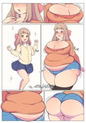 1girls aroused before_and_after belka_dog blush bow breasts brown_eyes cleavage clothed comic cuccoking double_chin exposed_fat_belly fat female female_only hotpants lactation long_hair measurements muffin_top pink_hair rumbling_stomach school_uniform schoolgirl sequence solo tight_clothing visible_nipples weight_gain