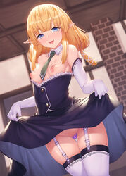 bangs bare_shoulders blonde_hair blue_eyes blush breasts breasts_out censored curtsey elbow_gloves elf elf_(totomono) female gloves highres ibuki_notsu long_hair looking_at_viewer nipples object_insertion open_mouth original pointy_ears puffy_nipples sidelocks small_breasts smile thighhighs thighs vaginal_object_insertion vaginal_penetration white_gloves white_legwear