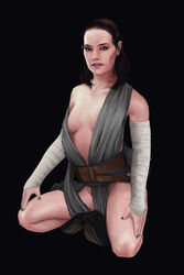 aj_pratt alternate_hairstyle arm_warmers belt book celebrity cleavage clothed clothing daisy_ridley dxeko half_updo kneeling looking_at_viewer pink_lipstick pinup pose posing rey simple_background skimpy skimpy_clothes star_wars the_last_jedi