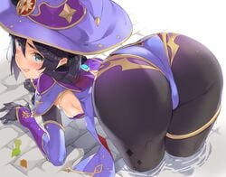 1girls all_fours ass ass_focus bent_over big_ass big_butt blush breasts face_down_ass_up fat_ass fat_butt female female_only fully_clothed genshin_impact huge_ass large_ass large_butt leotard looking_at_viewer looking_back mamedenkyuu_(berun) mona_(genshin_impact) presenting presenting_ass presenting_hindquarters sideboob solo stuck sweat sweatdrop thick_thighs thong_leotard top-down_bottom-up wet wide_hips witch_hat