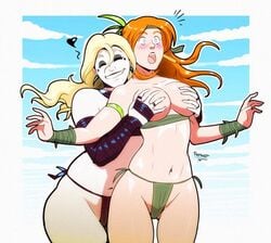 2girls belly blonde_hair blue_eyes blush closed_eyes closed_eyes eyeshadow fit fit_female freckles groping_breasts groping_from_behind jungle_girl large_breasts long_hair navel orange_hair original original_characters surprised top_pulled_down trebuxet