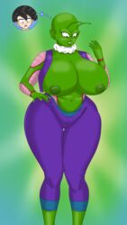 1boy 1girls alien_girl antennae_(anatomy) dragon_ball dragon_ball_z green_skin huge_breasts huge_hips lips milf namekian nipples piccolo revealing_clothes rule_63 saturnxart shocked_expression son_gohan what