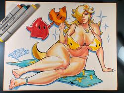 1girls alternate_breast_size bare_shoulders barefoot beach_towel belly bikini blonde_hair breasts busty copic copic_markers curvy dated feet female female_focus female_only hair_over_one_eye hourglass_figure huge_breasts long_hair luma luma_bikini mario_(series) mario_kart mario_kart_tour negarobo nintendo photo_(medium) pinup pinup_pose pose posing princess_rosalina signature solo thick_thighs toes towel traditional_media_(artwork) venus_body voluptuous wide_hips