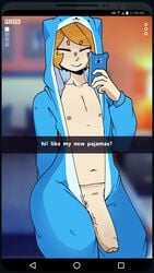 1boy big_penis femboy foreskin gats hi_res highres hung_trap light-skinned_male light_skin male male_only onesie pajamas penis phone pineapple_(gats) pizza_thot pjs snapchat solo solo_male text