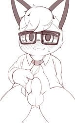 1boy 2020 animal_crossing balls blush bodily_fluids bottomless clothed clothing domestic_cat erection felid feline felis genital_fluids genitals hi_res looking_at_viewer male male_only mammal monochrome nintendo penis ping_koon precum raymond_(animal_crossing) sitting sketch solo video_games