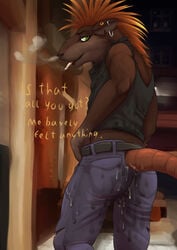 anthro ass bodily_fluids bottomwear clothing cum cum_on_pants denim denim_clothing dialogue dripping ear_piercing fur genital_fluids hi_res jeans lizardlars male male_only mammal messy murid murine pants piercing public rat rodent ronny_(kloogshicer) shirt skaven smoking solo tank_top topwear warhammer_(franchise) warhammer_fantasy