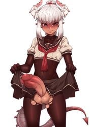 1boy ain(in) androgynous balls big_balls big_penis blush crossdressing demon demon_horns femboy flat_chest girly grey_hair horns humanoid hung_trap incubus long_hair male male_only original original_character pantyhose penis presenting presenting_penis red_eyes ruby_(nox) skirt skirt_lift solo tail testicles thighs torn_pantyhose trap white_background zvz6iat9r3xmek5