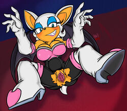 2020 absurd_res anthro armiv big_breasts blue-moonarms blush blushing breasts chiropteran clothed clothing embarrassed female gaping gaping_pussy genitals gloves grin hi_res legs_up looking_at_viewer lying mammal on_back on_model partially_clothed pussy ripped_clothing rouge_the_bat sega smile solo sonic_(series) sonic_the_hedgehog_(series) spread_legs spread_pussy spreading torn_clothing