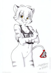 anthro bottomless breasts clothed clothing felid feline felis female genitals licking licking_lips machairodontine mammal no_underwear pantherine pinup pose pussy shirt smile solo tank_top tiger tira tirashanks_(artist) tongue tongue_out toony topwear