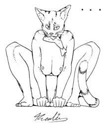 anthro black_and_white breasts domestic_cat ellipses felid feline felis female fish genitals hi_res looking_at_viewer mammal marine monochrome nipples nude pussy realius simple_background sitting solo