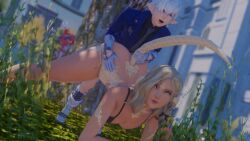 3d 3d_(artwork) 3d_model alisaie_leveilleur alphinaud_leveilleur au_ra big_ass big_butt bigger_female clothed_sex elezen final_fantasy final_fantasy_xiv gpose(ffxiv) hidden_sex original_character seluneffxiv sex size_difference tail tanned_female