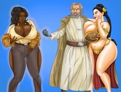 1boy 2girls bimbo breasts_bigger_than_head cloak cosplay female finn_(star_wars) genderbender genderswap genderswap_(mtf) grey_hair holding_legs huge_breasts huge_hips human human_only hyper_breasts jedi luke_skywalker magic male mark_hamill mature mature_male older_male prosthetic_arm rule_63 saturnxart slave_leia_(cosplay) star_wars straight transformation