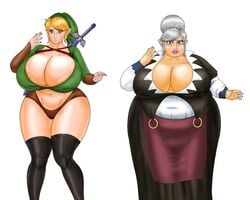 apron barmaid bbw bimbo blonde_hair female grey_hair huge_breasts leggings link master_sword rule_63 saturnxart sword_sheath the_legend_of_zelda