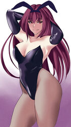 1girls armpits arms_behind_head big_breasts bunny_girl bunnysuit busty closer_(artist) clothing elbow_gloves fate_(series) gloves large_breasts latex latex_gloves pose posing purple_hair red_eyes scathach_(fate) seductive seductive_smile sensual sexy_armpits smile thighs voluptuous