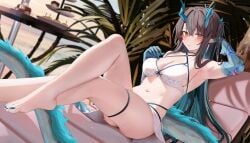 1girls 2023 arknights armpits arms_up beach big_breasts bikini black_hair blush breasts dragon_girl dragon_horns dusk_(arknights) feet feet_up female hi_res legs_crossed legs_together light-skinned_female light_skin long_hair looking_at_viewer nail_polish orange_eyes outdoors outside painted_nails pointy_ears ru_zhai solo swimsuit swimwear tail