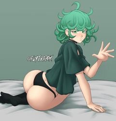 1girls ass bare_thighs bed black_panties choker eye_contact female female_only flytrapxx green_eyes green_hair looking_at_viewer medium_hair no_pants one-punch_man panties partially_clothed pose shirt socks solo tatsumaki