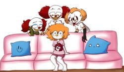 barefoot chibi clothing clown clown_makeup couch evil_smile feet furniture it makeup orange_hair original_character pennywise pillow pillows red_hair sharp_teeth short_sleeves shorts simple_background stephen_king tongue tongue_out topwear white_background white_body white_shirt white_skin wide_eyed yellow_nose yellow_teeth