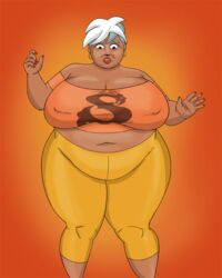 bbw gilf huge_belly huge_breasts huge_hips orange_shirt rule_63 saturnxart shocked_expression tagme transformation white_hair yellow_pants zak_saturday