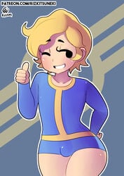 1boy bethesda_softworks blonde_hair bulge clothing dot_eyes fallout femboy jumpsuit male_only miiyauwu penis_under_clothes rizkitsuneki smile solo teeth thick_thighs trap twink uniform vault_boy vault_suit wink winking