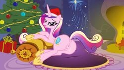 16:9 alicorn animated anus bodily_fluids christmas christmas_tree clothing equid female feral friendship_is_magic genital_fluids genitals hasbro hat headgear headwear holidays horn kajio looking_back mammal my_little_pony princess_cadance_(mlp) pussy pussy_juice santa_hat short_playtime solo tree widescreen wings