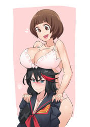 2girls big_breasts black_clothing blue_eyes blush boob_hat bowl_cut bra breasts breasts_on_head brown_eyes brown_hair busty cleavage curvy cute embarrassed excited female_only frilly_underwear fully_clothed genki girlfriend hands_on_shoulders heart hourglass_figure kill_la_kill large_breasts lingerie looking_away looking_down mankanshoku_mako matoi_ryuuko panties red_eyes school_uniform senketsu short_hair shortstack smile stormcow streaked_hair teasing underwear_only white_background white_bra yuri