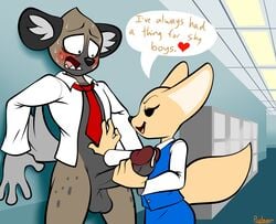 2020 aggressive_retsuko anthro anthro_on_anthro balls big_penis blush bodily_fluids bottomless canid canine clothed clothed_sex clothing dialogue dress_shirt duo english_text erection female fennec fenneko fox genital_fluids genitals glans haida handjob hi_res humanoid_genitalia humanoid_penis hyaenid inside interspecies larger_male male mammal necktie nervous office_lady open_clothing open_shirt open_topwear penile penis penis_grab precum protagon sanrio sex shirt shy size_difference smaller_female smooth_fur spotted_hyena straight sweat text topwear