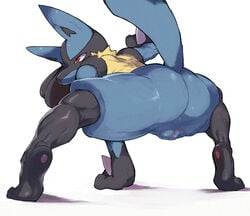 2020 anthro anthrofied arm_support ass canid canine canis crouching digital_media_(artwork) dodudoru female fur furry furry_only genitals hi_res lucario mammal nintendo pokemon pokemon_(species) pussy red_eyes shadow simple_background solo spread_legs spreading tail three-quarter_view video_games white_background