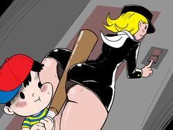 angry ass earthbound elevator_lady female hot_dogging larger_female mob_face mother_(series) ness panties pantyshot smaller_male tagme tagme_(artist) underwear upskirt