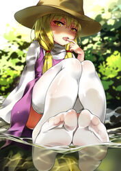 1girls blonde_hair blush chen_bin eyebrows feet foot_fetish foot_focus hat licking licking_finger looking_at_viewer naughty_face no_shoes saliva see-through sitting soles solo suwako_moriya thighhighs touhou twintails water white_thighhighs yellow_eyes