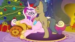 accurate_art_style alicorn all_fours blush bodily_fluids christmas christmas_tree clothing doggy_style duo equid fan_character female feral friendship_is_magic from_behind_position genital_fluids genitals hasbro hat headgear headwear holidays horn kajio looking_back low_res lowres mammal my_little_pony penetration princess_cadance_(mlp) pussy santa_hat sex tree vaginal_penetration wings