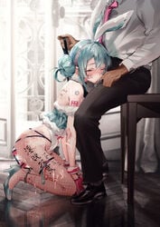 1boy 1girls after_sex all_fours anal anal_object_insertion animal_ears body_writing bondage bunny_ears condom cum dildo double_penetration female femsub finger_in_mouth fishnets gloves handcuffs hatsune_miku heels high_heels kvpk5428 leash maledom petplay saliva tagme tally_marks used_condom vaginal vaginal_object_insertion vocaloid