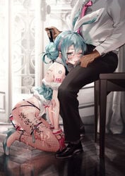 1boy animal_ears bondage bound bunny_ears chains cum dildo female femsub fishnets hatsune_miku heels high_heels kneeling kvpk5428 maledom tagme vocaloid