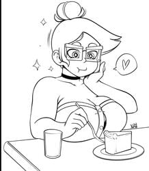 big_breasts breasts_on_table cake camila_noceda choker cup disney eating_food fork glass glasses hair_bun huge_breasts latina milf monochrome mother plate smooth_skin square_glasses table the_owl_house yakiti