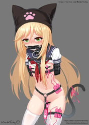 <3 1girls animal_ears blonde_hair bondage cat_ears cat_hat collar female green_eyes heart-shaped_pupils long_hair paw_print pussy_juice serafuku solo tagme tail thighhighs vibrator wonder_turkey